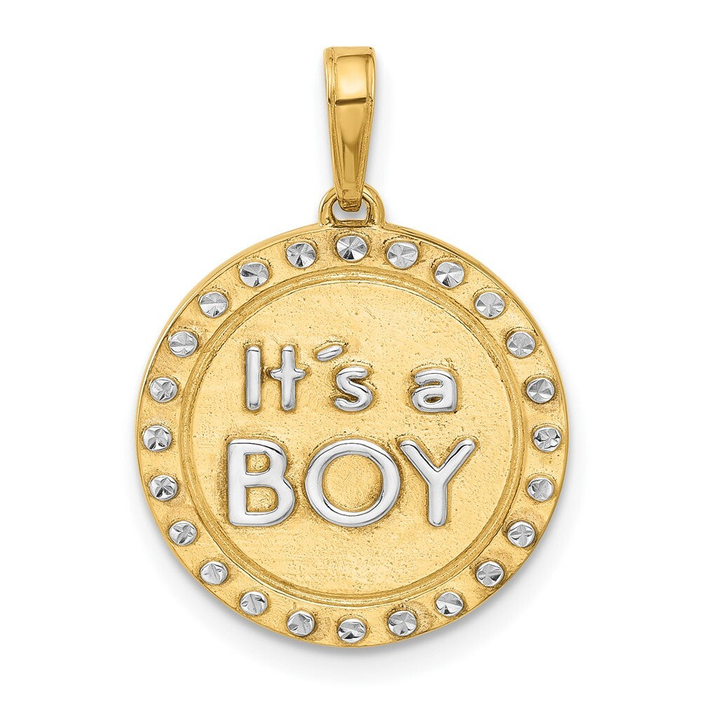 14k Yellow Gold and White Rhodium Diamond-Cut It's A Boy Pendant for Women