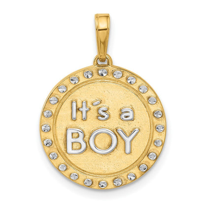 14k Yellow Gold and White Rhodium Diamond-Cut It's A Boy Pendant for Women