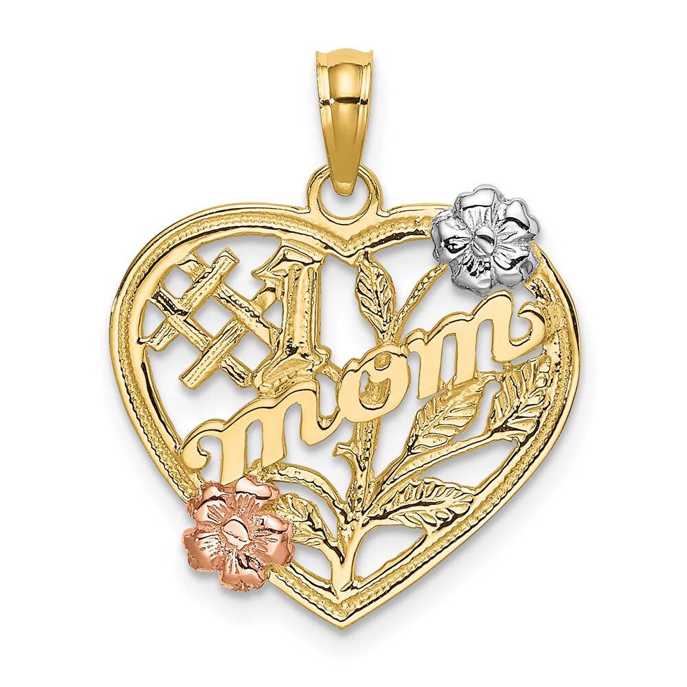 14k Two-tone Gold White Rhodium #1 MOM Heart Flower Charm Pendant