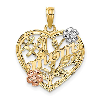 14k Two-tone Gold White Rhodium #1 MOM Heart Flower Charm Pendant