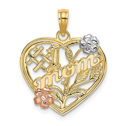 14k Two-tone Gold White Rhodium #1 MOM Heart Flower Charm Pendant