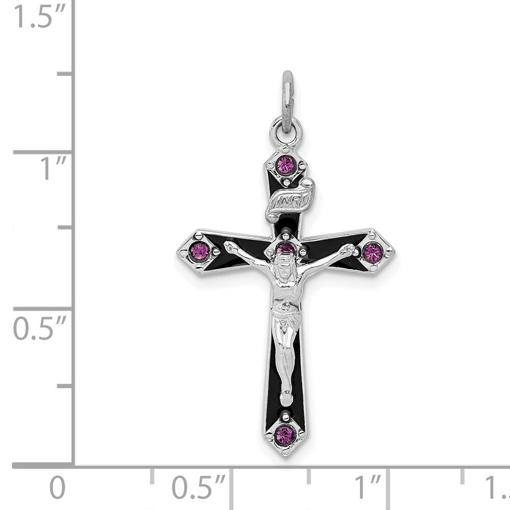 Sterling Silver Black Epxy Purple Cubic Zirconia INRI Cross Pendant