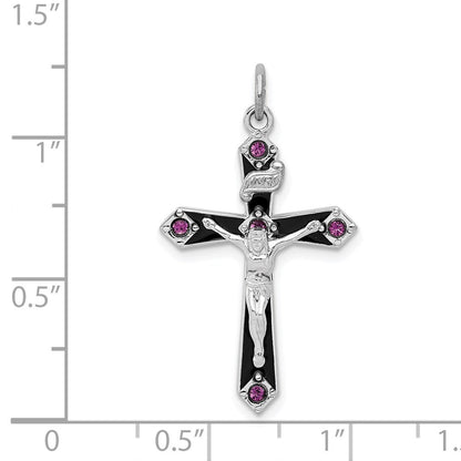 Sterling Silver Black Epxy Purple Cubic Zirconia INRI Cross Pendant