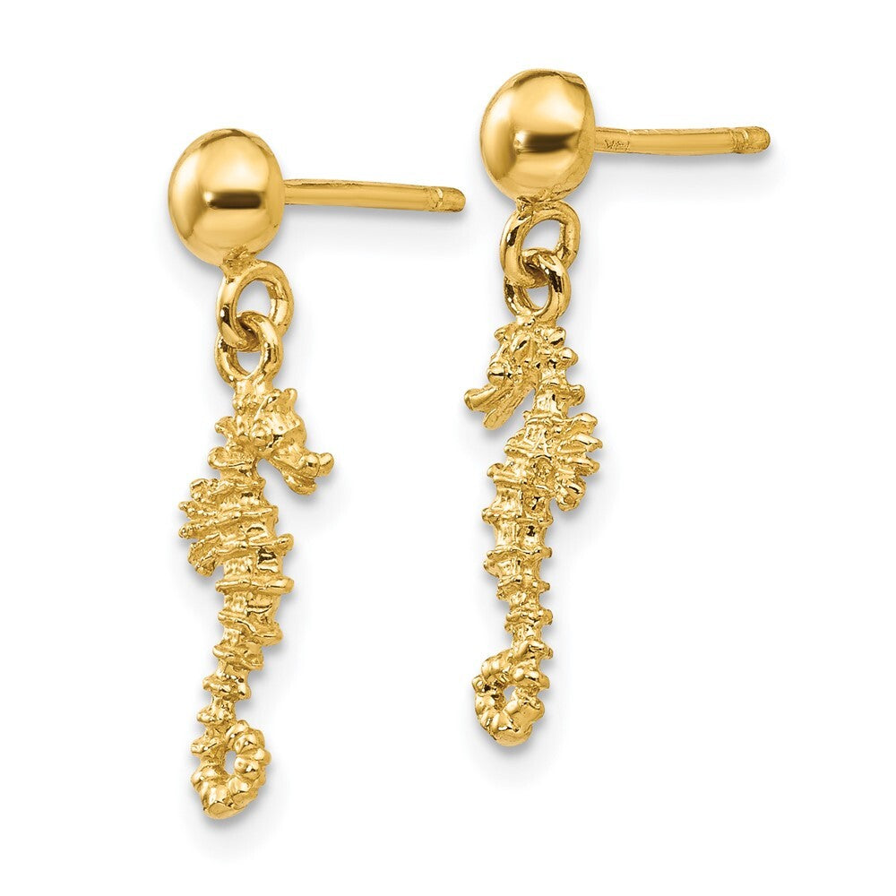 14k Yellow Gold 3-D Mini Seahorse Dangle Earrings Gift for Women