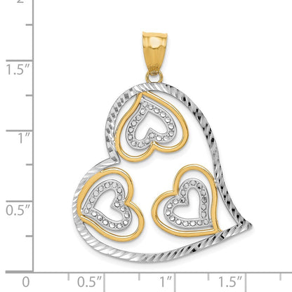 14k Yellow Gold Rhodium Polished Hearts Inside Heart Pendant