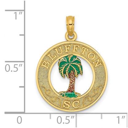 14k Yellow Gold BLUFFTON SC Circle Enameled Palm Tree Charm Pendant for Women