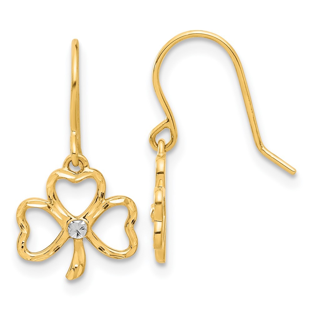 14k Yellow Gold and White Rhodium Diamond-Cut Clover Dangle Earrings