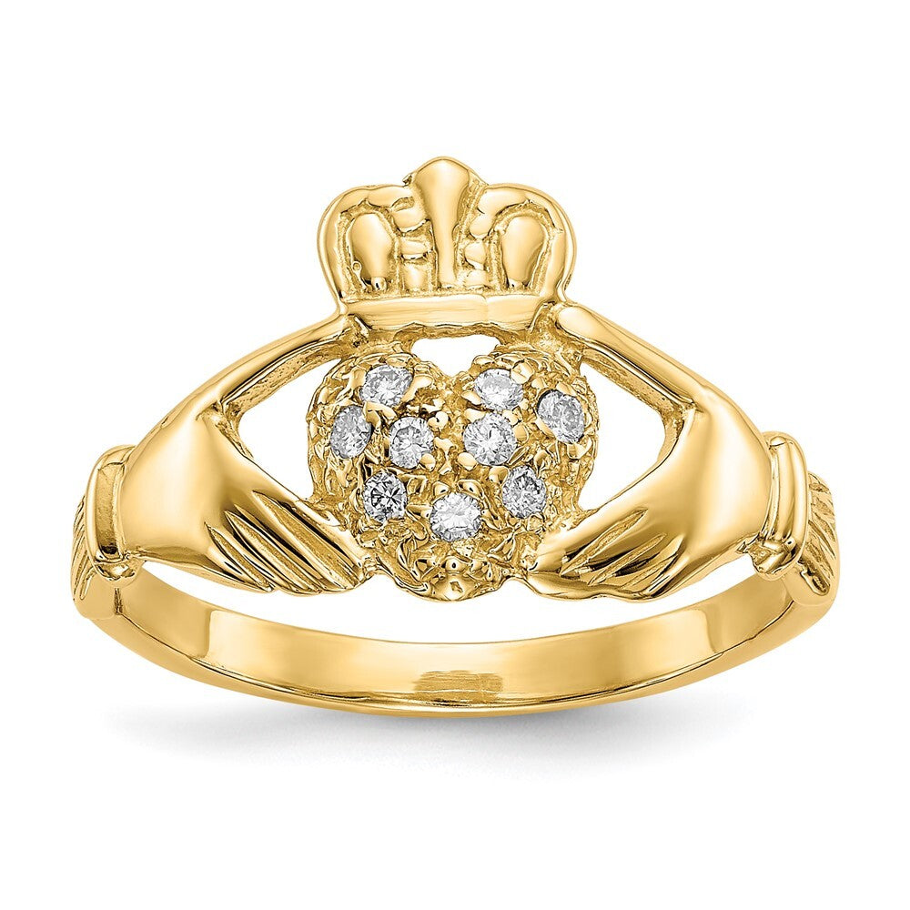 14K Yellow Gold 1/10ct AA Diamond Claddagh Ring