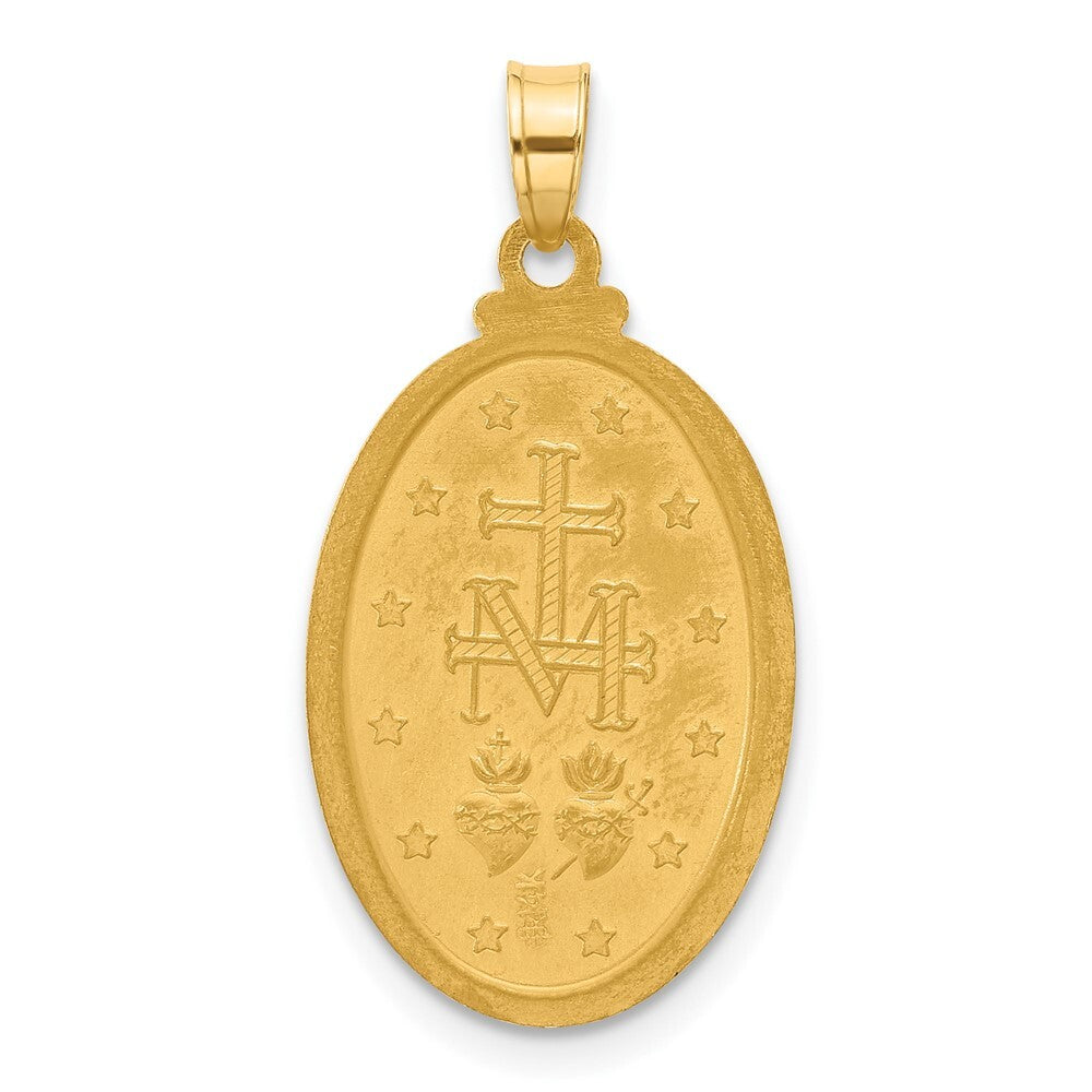 14k Yellow Gold with Rhodium Satin Polished Miraculous Medal Solid Oval Pendant