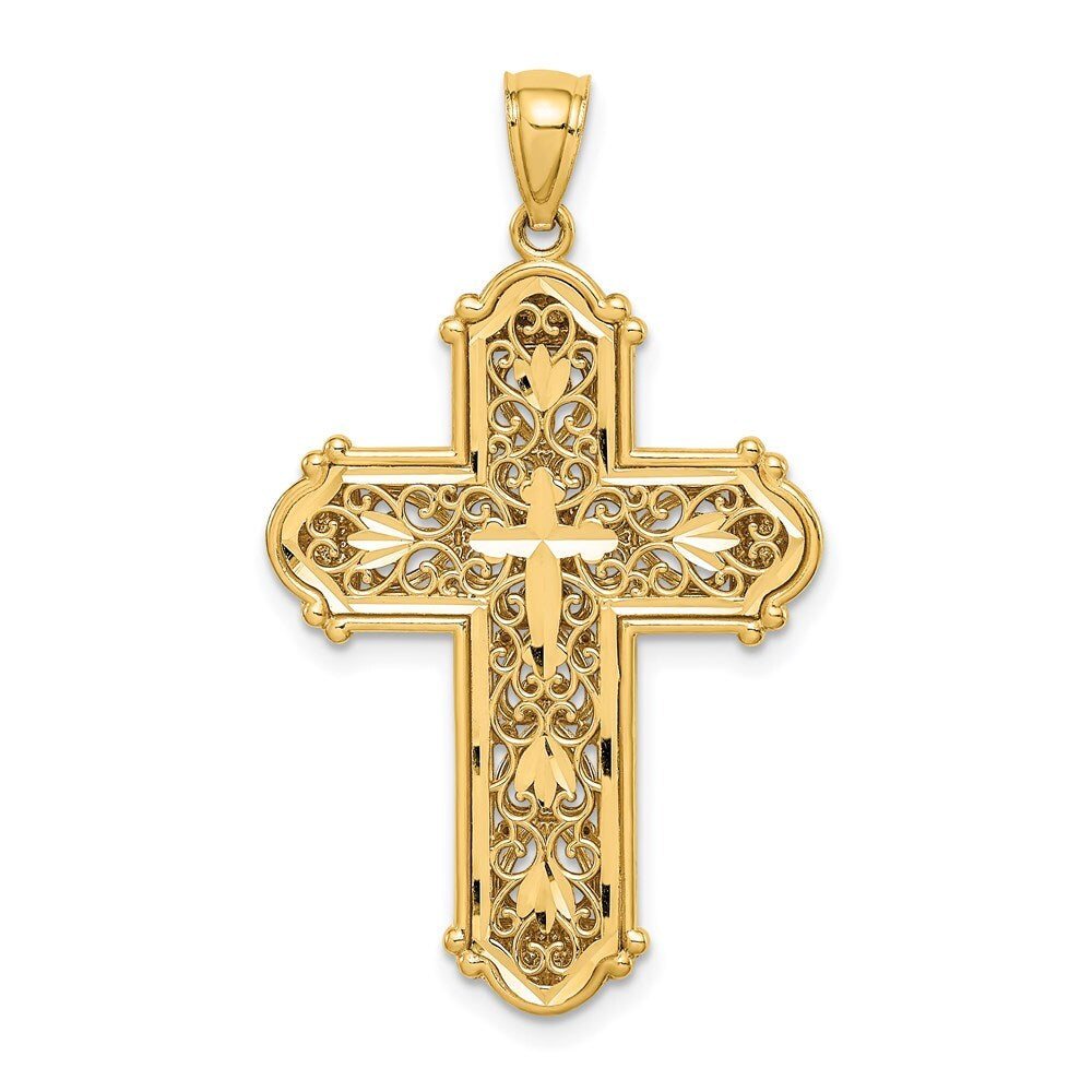 14k Yellow Gold White Rhodium Diamond-Cut Reversible Cross Pendant for Women