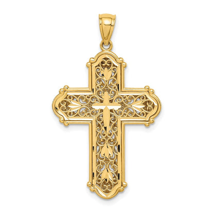 14k Yellow Gold White Rhodium Diamond-Cut Reversible Cross Pendant for Women
