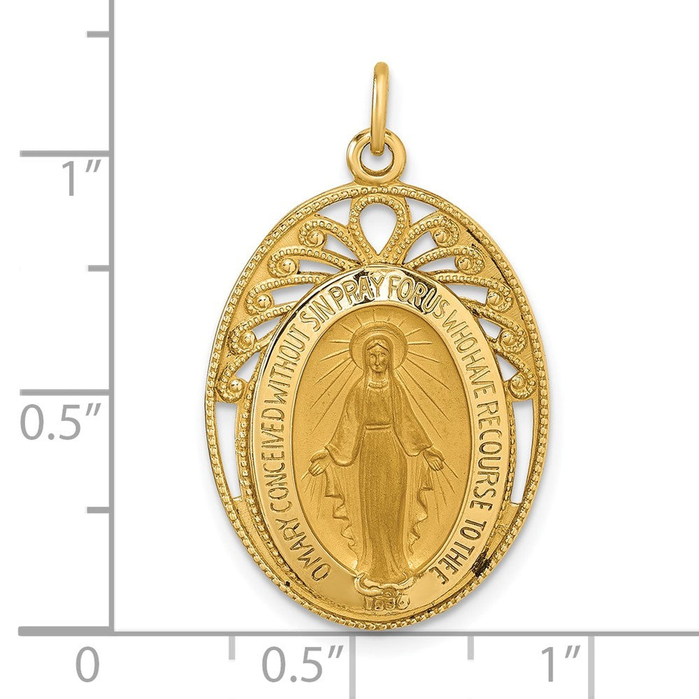 14k Yellow Gold Polished and Satin Miraculous Medal in Frame Oval Pendant
