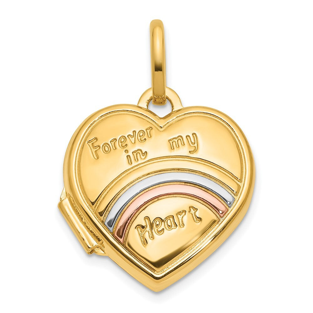 14k Yellow Gold Rose Rhodium 15mm FOREVER IN MY HEART Heart Locket Pendant