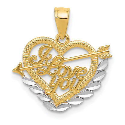 14k Yellow Gold and White Rhodium I LOVE YOU Heart and Arrow Pendant