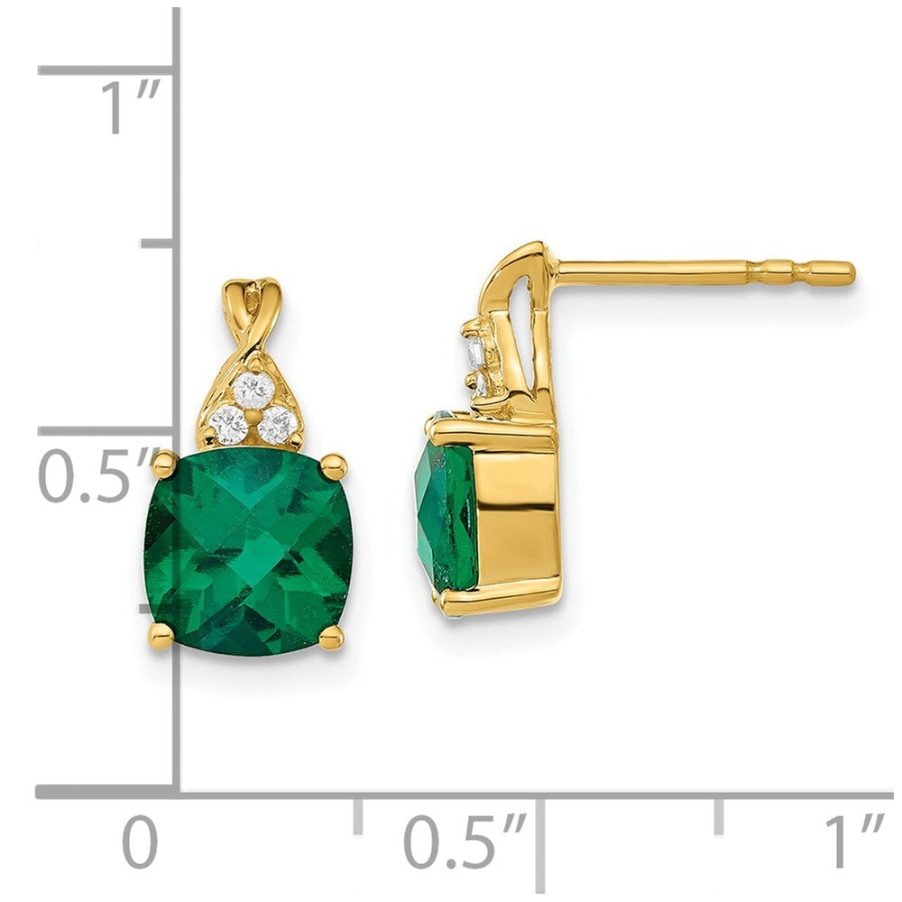 14k Yellow Gold Checkerboard Created Emerald and Diamond Drop & Dangle Earrings
