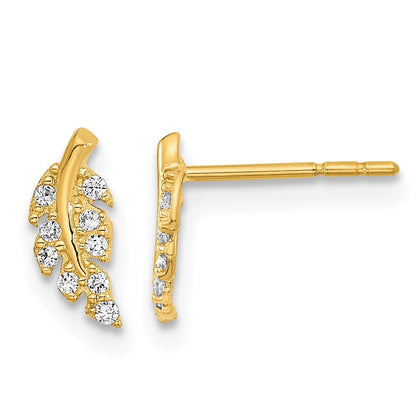 14k Yellow Gold Polished Leaf Cubic Zirconia Stud Earrings Gift for Women