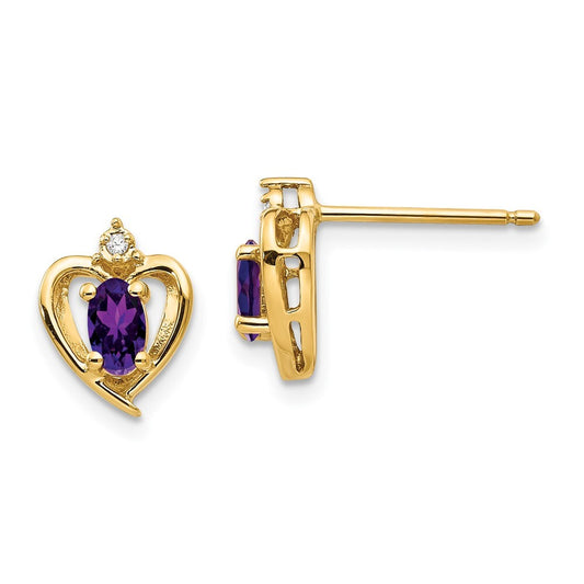 14k Yellow Gold Amethyst and Diamond Heart Stud Earrings Gift for Women