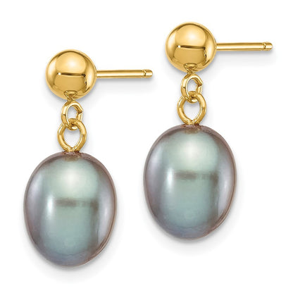 14k Yellow Gold 7-8mm Grey Rice Freshwater Cultured Pearl Dangle Earrings