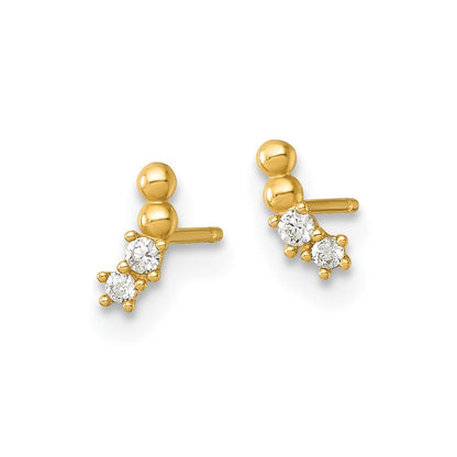14k Yellow Gold Polished and Beaded Cubic Zirconia Curved Stud Earrings