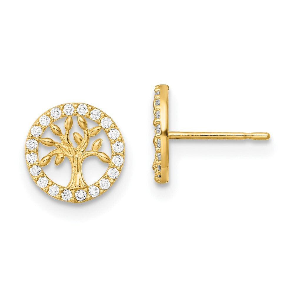 14k Yellow Gold Polished White Cubic Zirconia Tree of Life Stud Earrings
