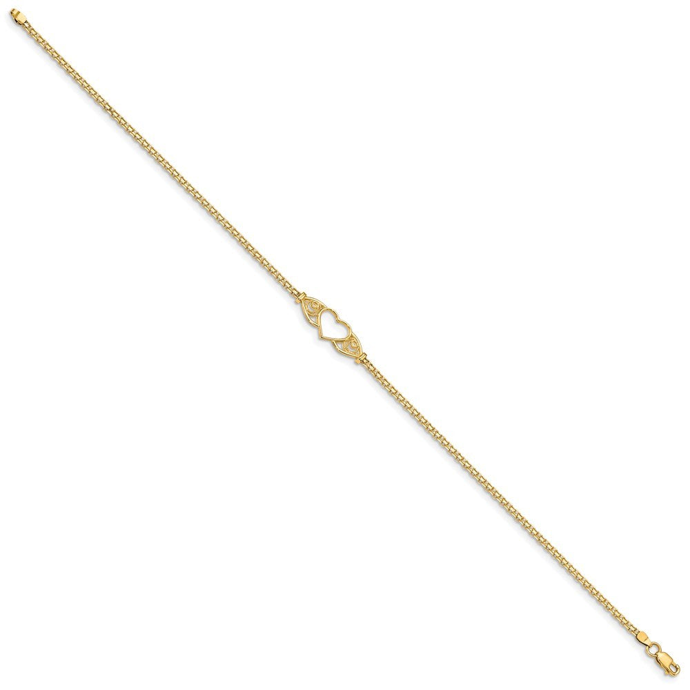 14k Yellow Gold Polished Open Heart with Filigree and Bismark Chain 10" Anklet