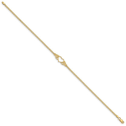 14k Yellow Gold Polished Open Heart with Filigree and Bismark Chain 10" Anklet