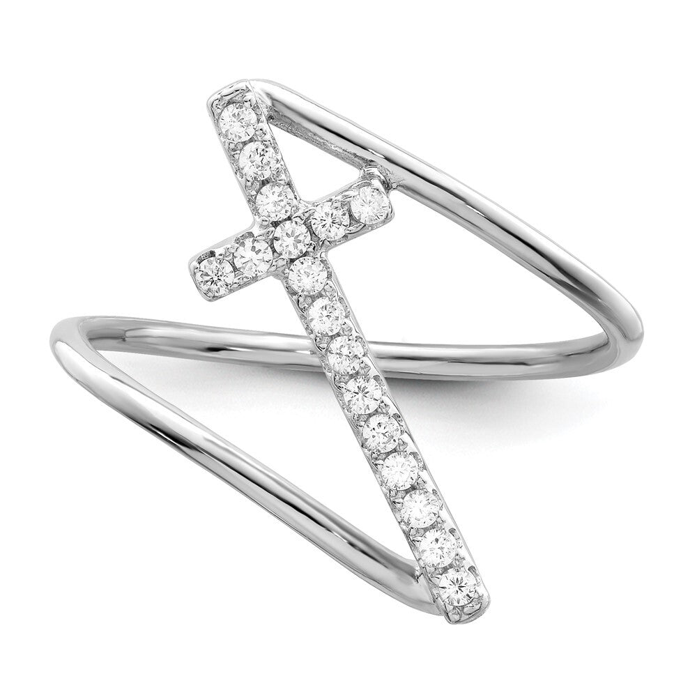 Sterling Silver Rhodium-plated Polished CZ Cross Ring Size 6