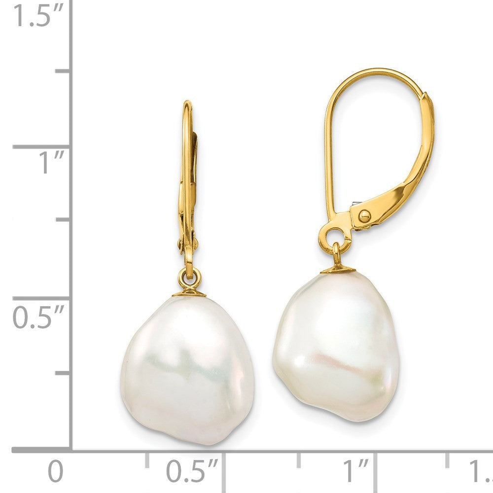 14k Yellow Gold 10x12mm White Keshi Freshwater Cultured Pearl Dangle Earrings