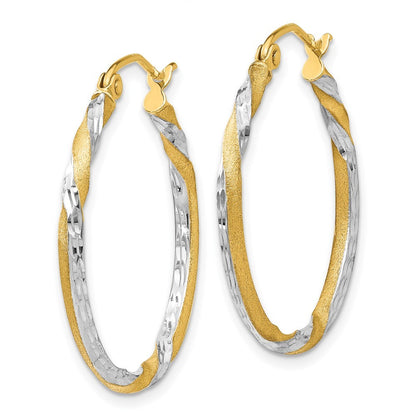 14k Yellow Gold & Rhodium Satin Diamond Cut Twisted Hoop Earrings