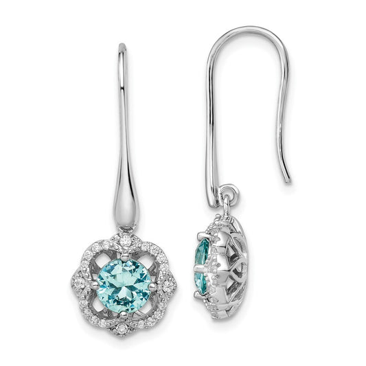 Sterling Silver Rhodium plated Aqua & White Cubic Zirconia Dangle Earrings