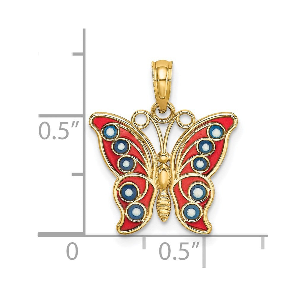 14k Yellow Gold Red and Blue Enameled Filigree Butterfly Charm