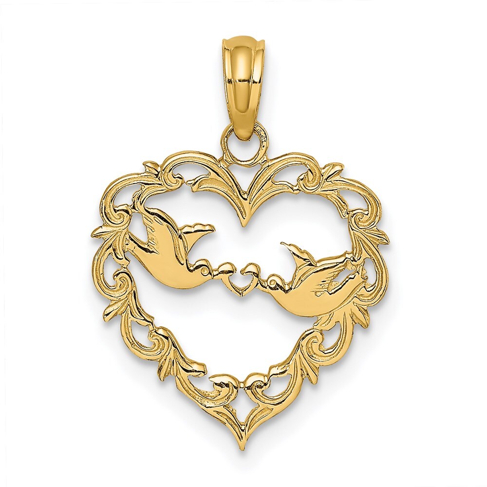 14k Yellow Gold Polished Love Birds in Heart Pendant for Women