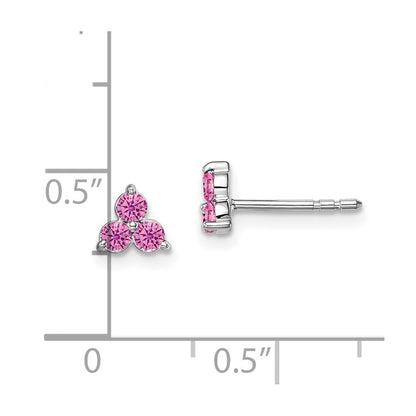 14k White Gold 3-stone Created Pink Sapphire Triangle Stud Earrings