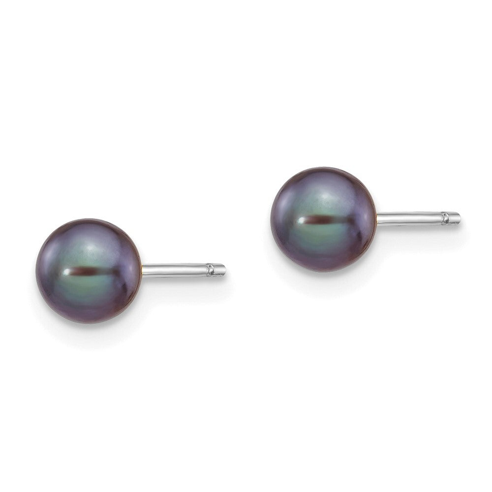 14k White Gold 5-6mm Black Round Freshwater Cultured Pearl Stud Earrings