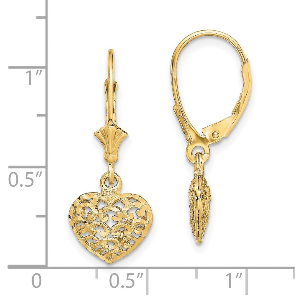 14k Yellow Gold Diamond-cut Mini Puffed Heart Drop Dangle Earrings