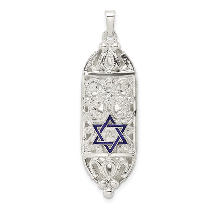 Sterling Silver Polished Solid Mezuzah w Enameled Star of David Pendant