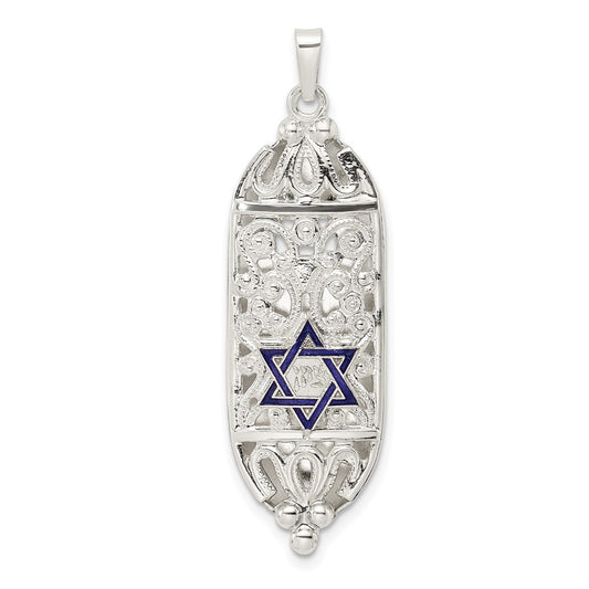Sterling Silver Polished Solid Mezuzah w Enameled Star of David Pendant