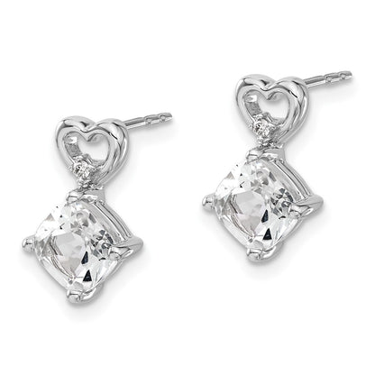 14k White Gold White Topaz and Diamond Heart Drop & Dangle Earrings