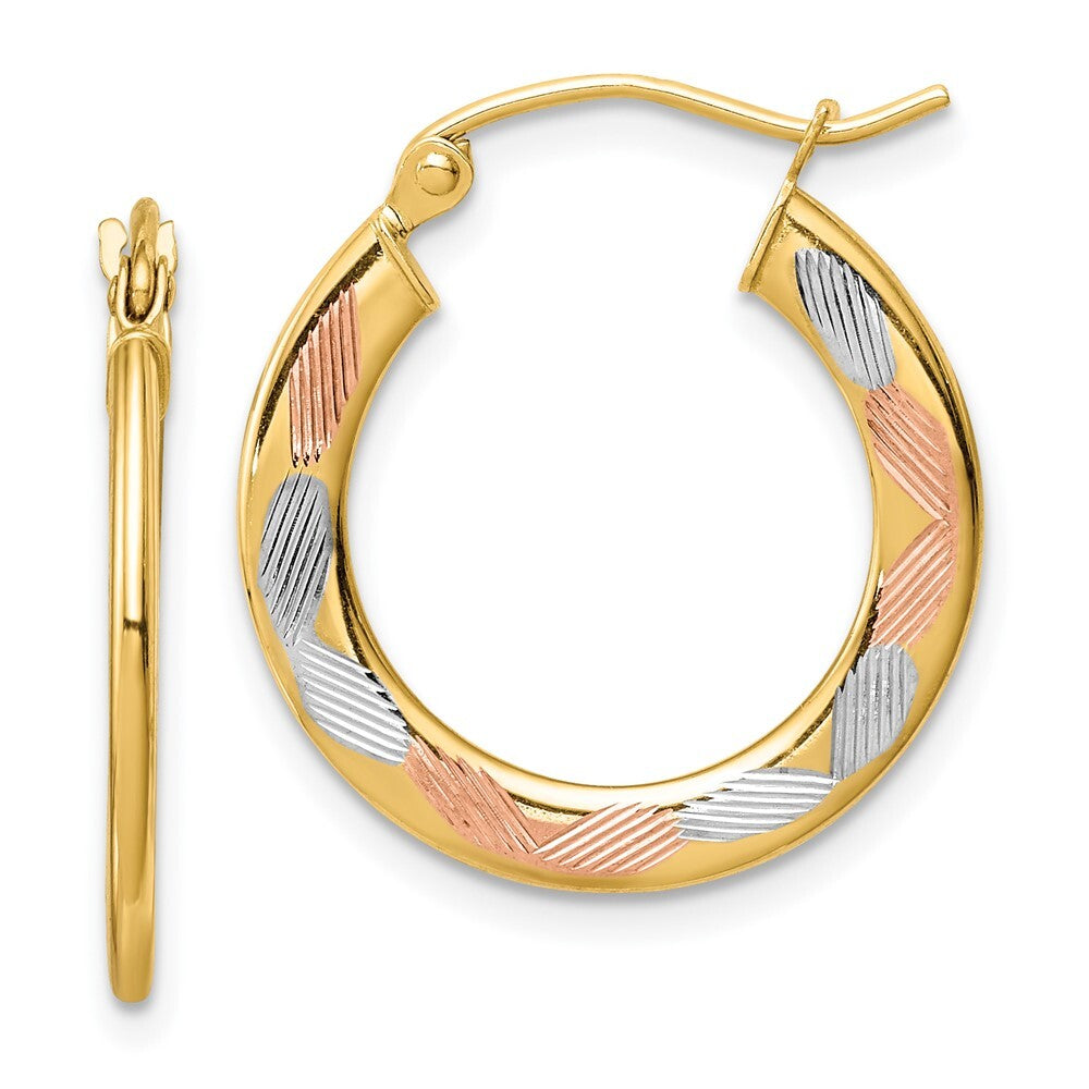 14k Yellow Gold White and Rose Rhodium Diamond-cut Hoop Earrings Gift for Women