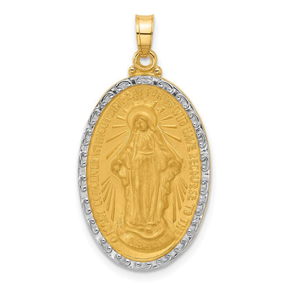 14k Yellow Gold with Rhodium Satin Polished Miraculous Medal Solid Oval Pendant