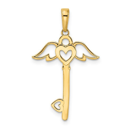 14k Yellow Gold and White Rhodium Diamond-Cut Heart Angel Wings Key Pendant