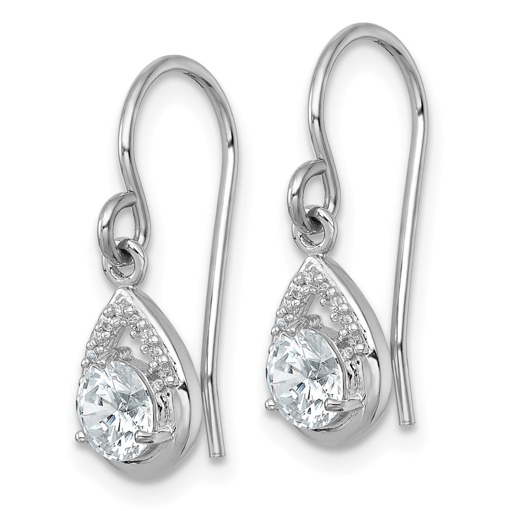 Sterling Silver Polished Round CZ Teardrop Dangle Shepherd Hook Earrings