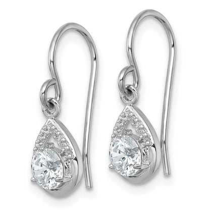 Sterling Silver Polished Round CZ Teardrop Dangle Shepherd Hook Earrings