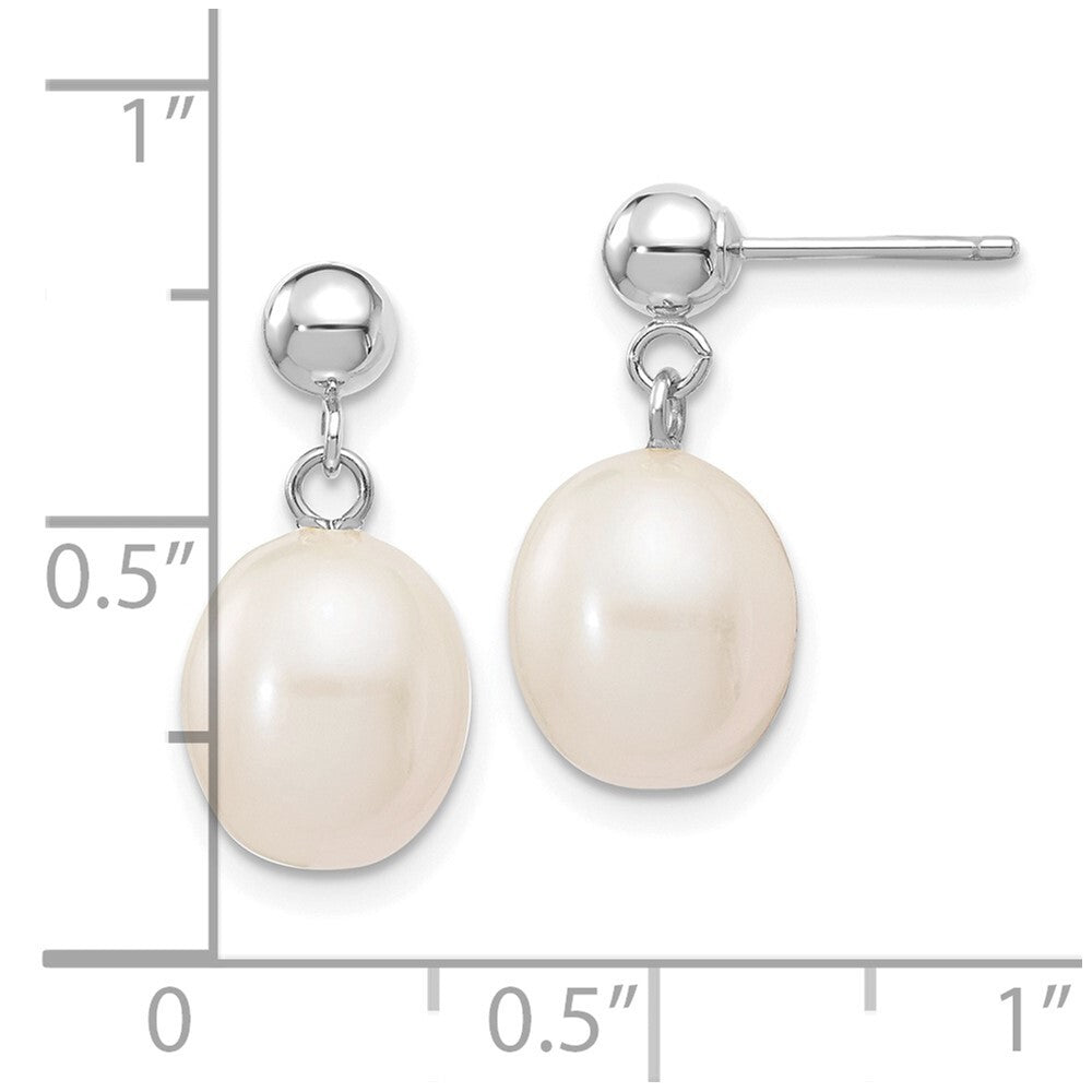 14k White Gold 8-9mm White Rice Freshwater Cultured Pearl Dangle Earrings