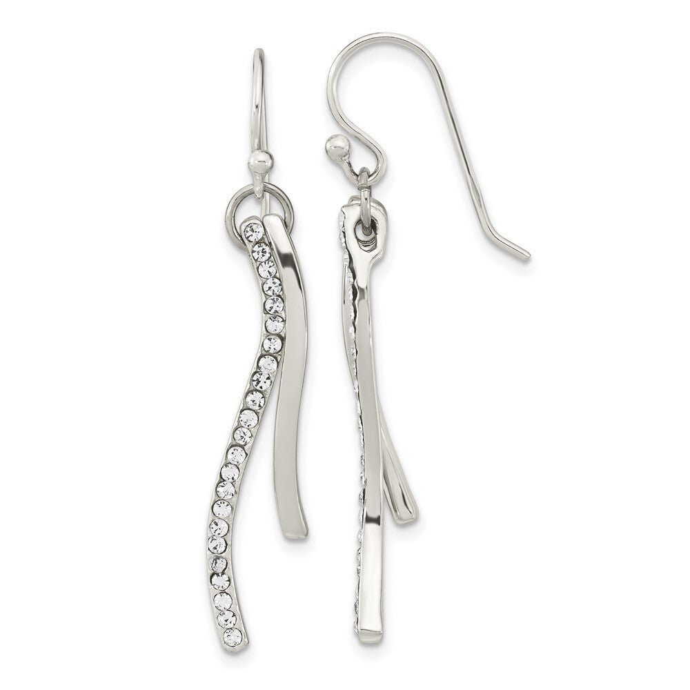 Sterling Silver Polished Cubic Zirconia Wavy Bar Dangle Shephard Hook Earrings