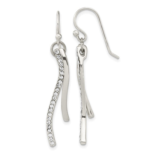 Sterling Silver Polished Cubic Zirconia Wavy Bar Dangle Shephard Hook Earrings