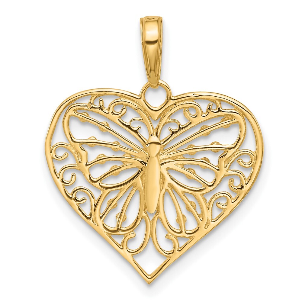 14k Yellow Gold and White Rhodium Diamond-cut Butterfly Heart Pendant