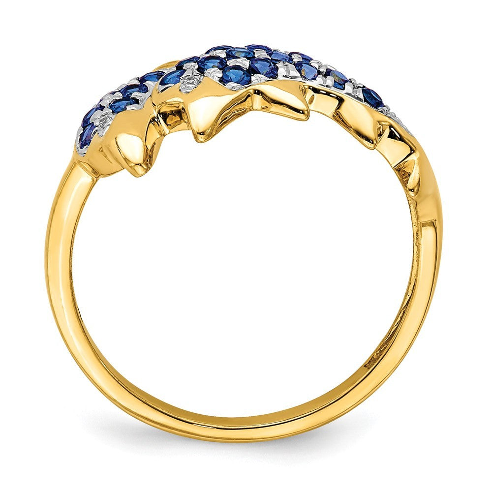 14k Yellow Gold w/ Rhodium Diamond and Sapphire Dolphins Ring
