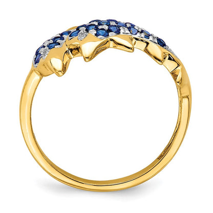 14k Yellow Gold w/ Rhodium Diamond and Sapphire Dolphins Ring