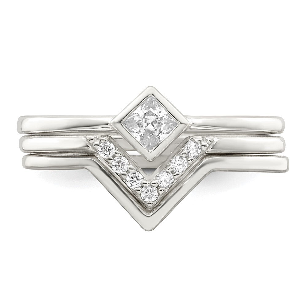 Sterling Silver Polished Square CZ 3 Ring Set Size 6